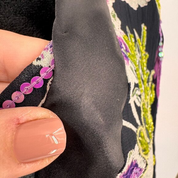 La Cera Womens Top M Black Floral Beaded Embroidered Asymmetrical Hemline Witchy - Picture 5 of 8